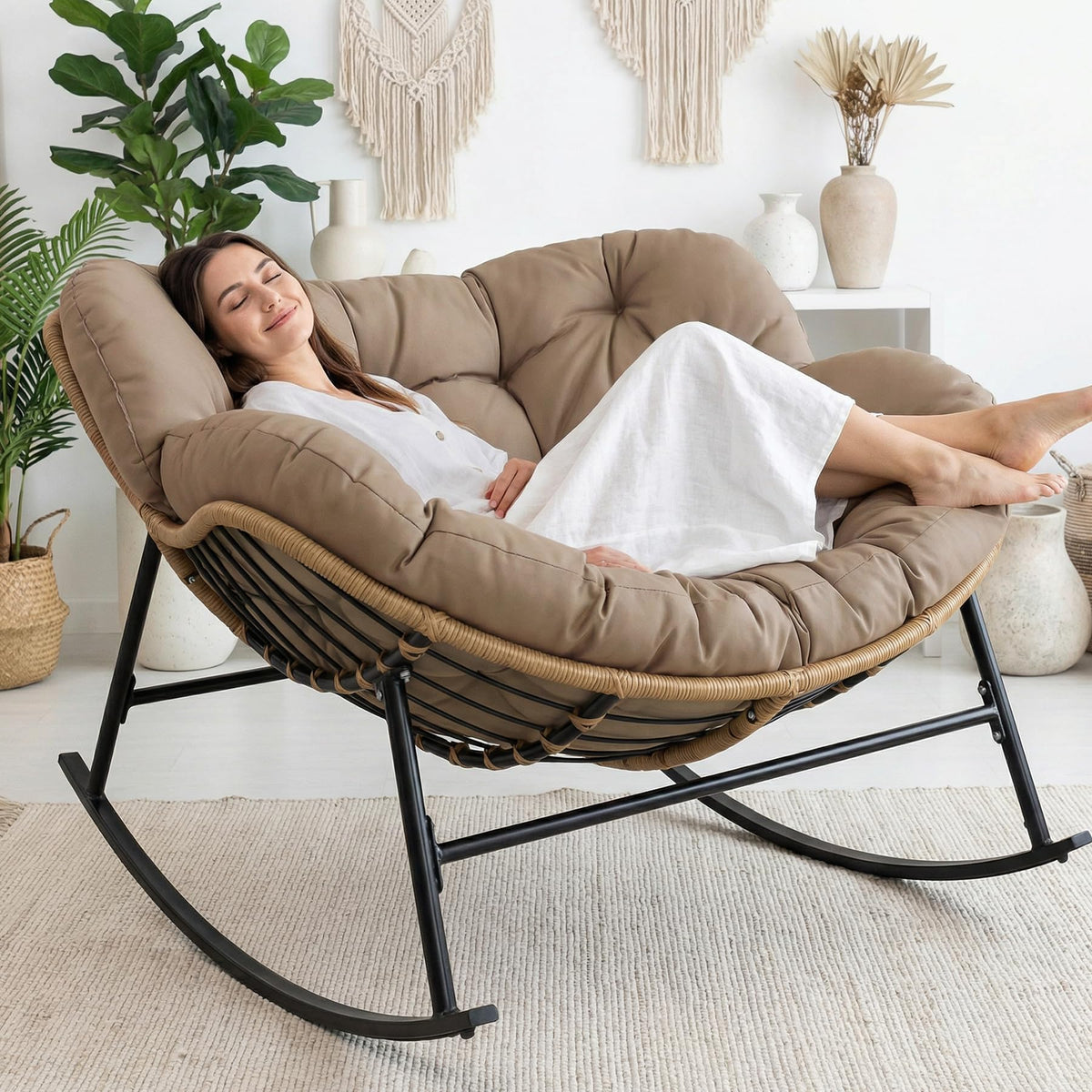 Fauteuil à bascule papasan Cocon – coussin marron