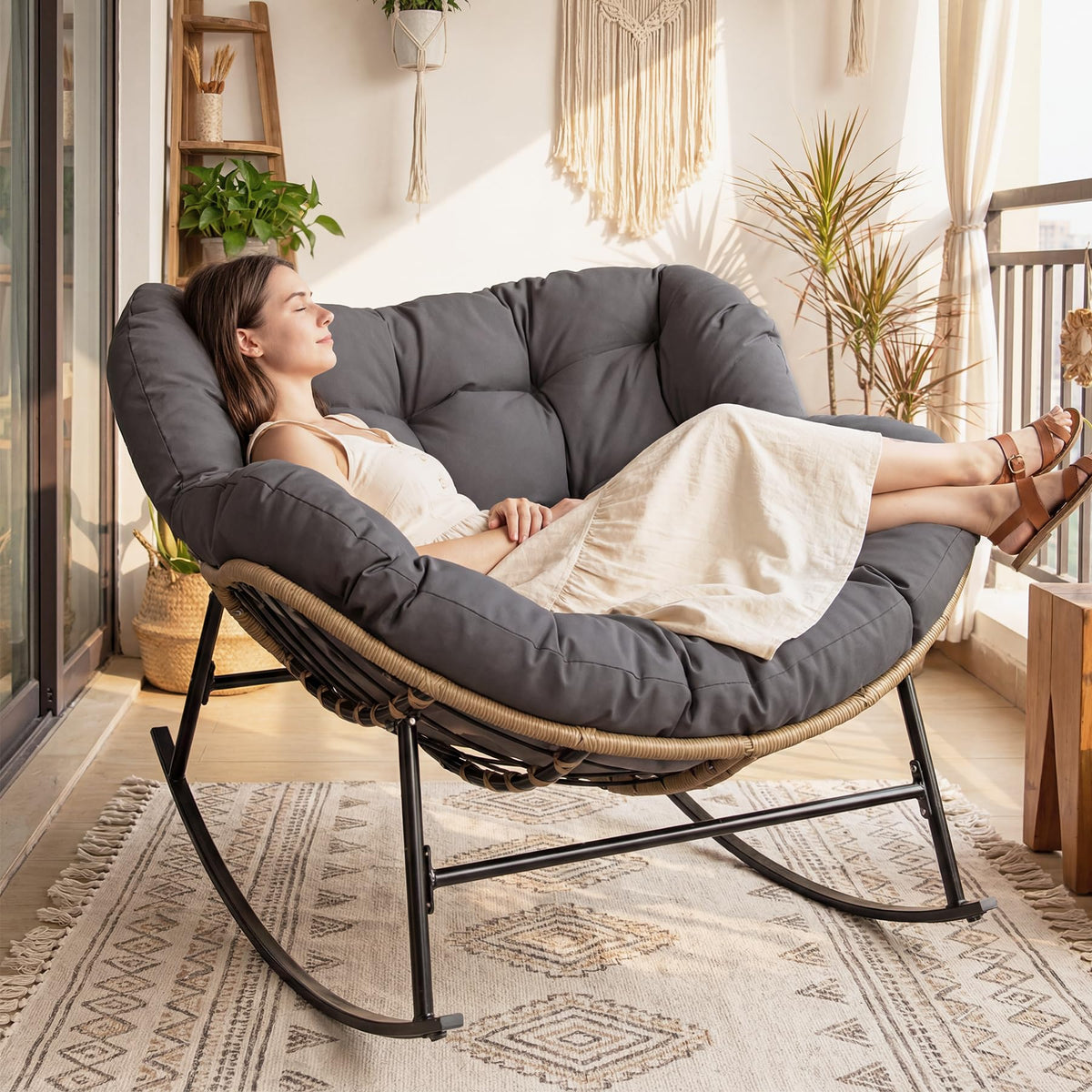 Fauteuil à bascule papasan Cocon – coussin gris foncé