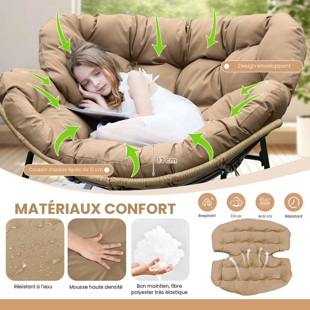 Fauteuil à bascule papasan Cocon – coussin marron