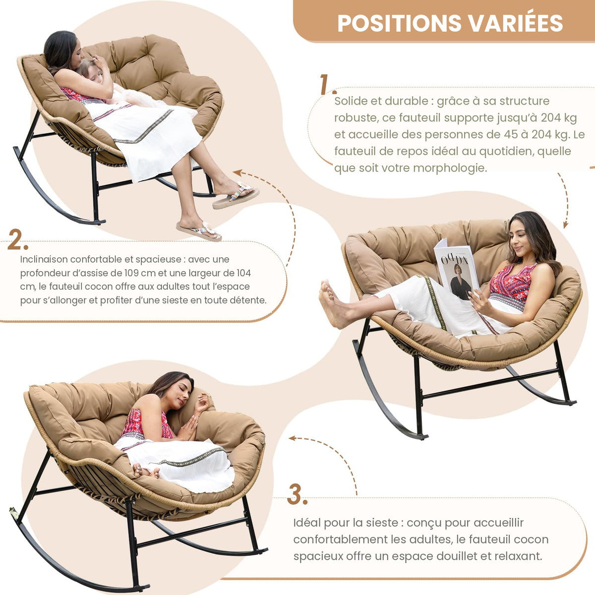 Fauteuil à bascule papasan Cocon – coussin marron