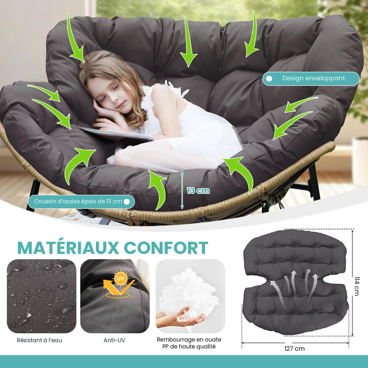 Fauteuil à bascule papasan Cocon – coussin gris foncé