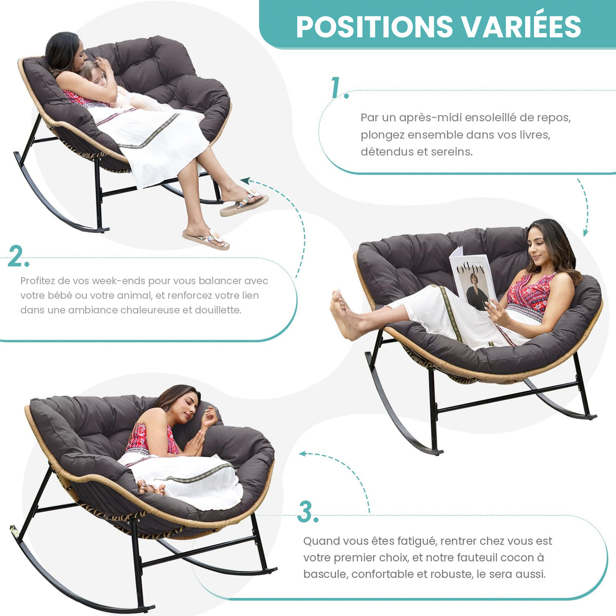 Fauteuil à bascule papasan Cocon – coussin gris foncé