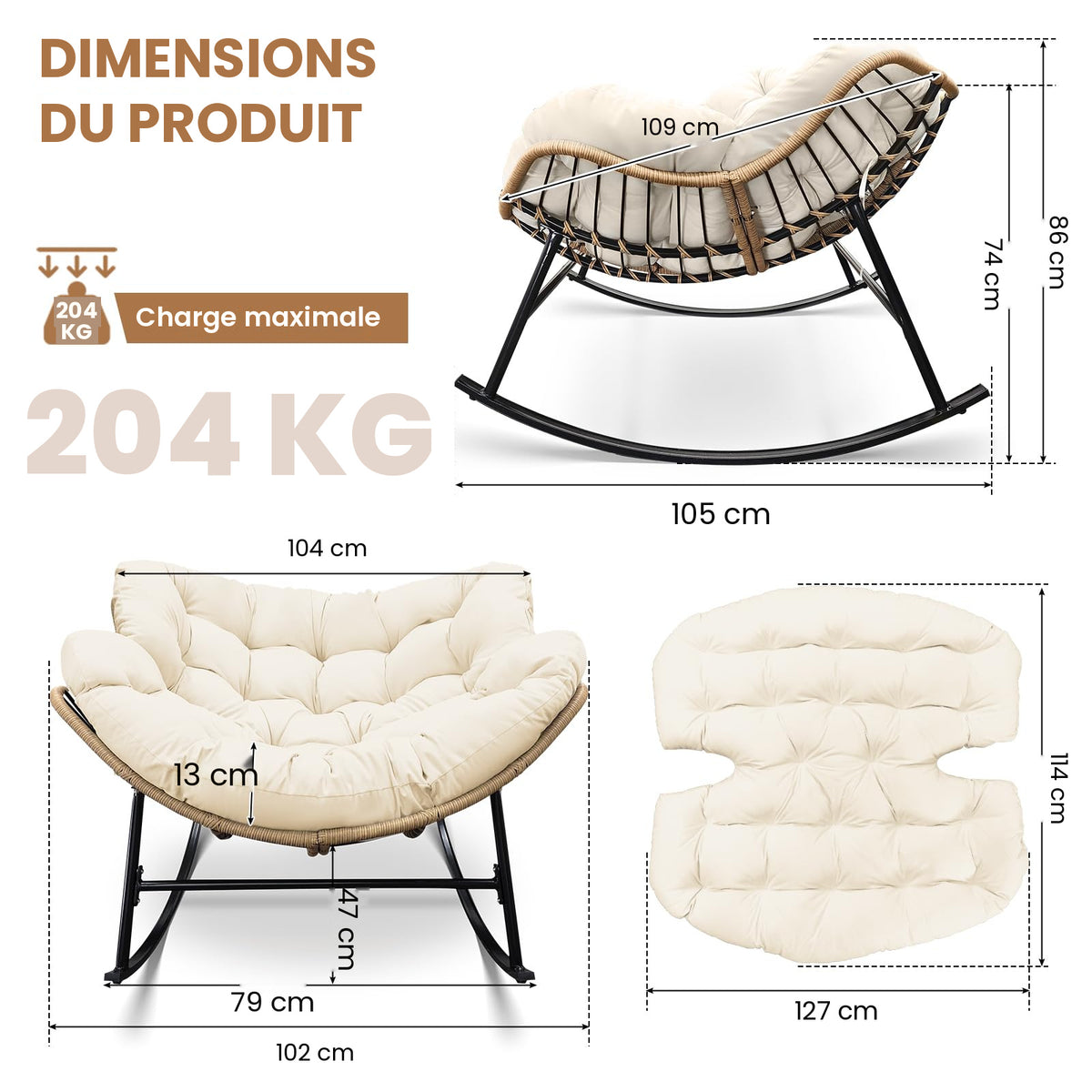 Fauteuil à bascule papasan Cocon – coussin ivoire
