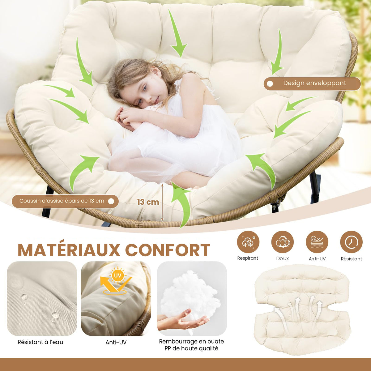 Fauteuil à bascule papasan Cocon – coussin ivoire