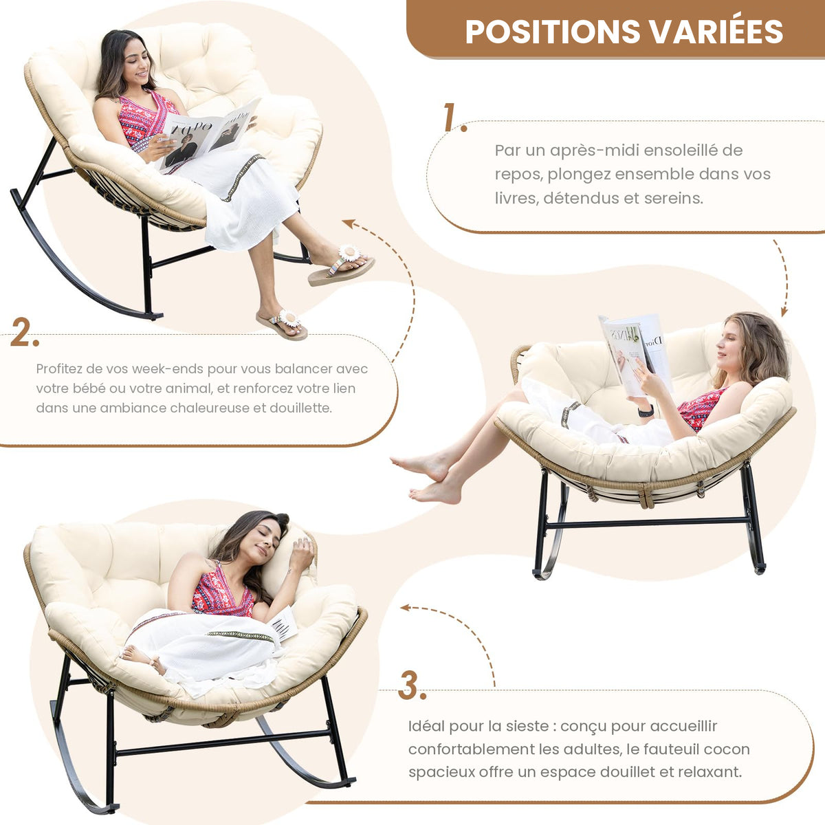 Fauteuil à bascule papasan Cocon – coussin ivoire